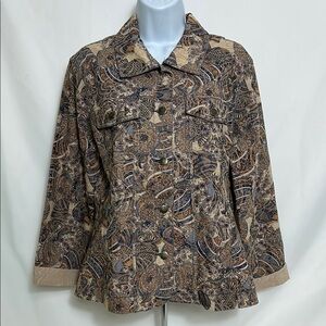 Analogy Women’s Size Large Tan Blue Geometric Pattern Embroidered  Shirt Jacket